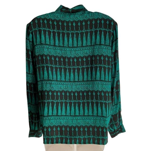 Ann May Blouse Silk Button Down Black Green Tassel Print Long Sleeve Medium - Picture 2 of 11